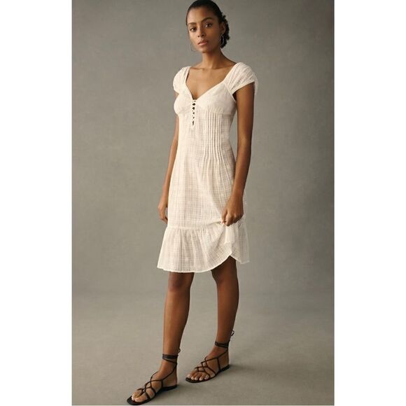 Anthropologie Dresses & Skirts - NEW By Anthropologie Ivory Cap-Sleeve Lace-Up Babydoll V-Neck Dress Medium